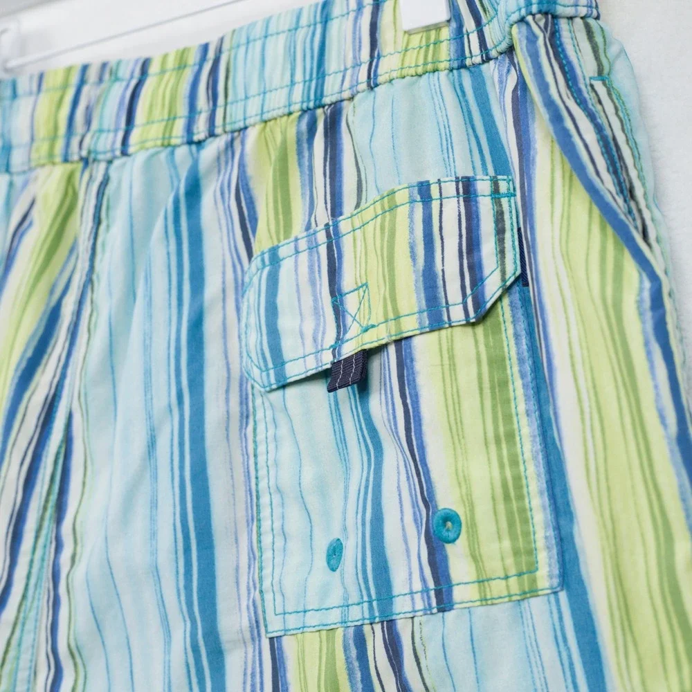 TOMMY BAHAMA Striped Mesh Lined Swim Trunks Cargo Pocket Blue‎ Green Sz XL